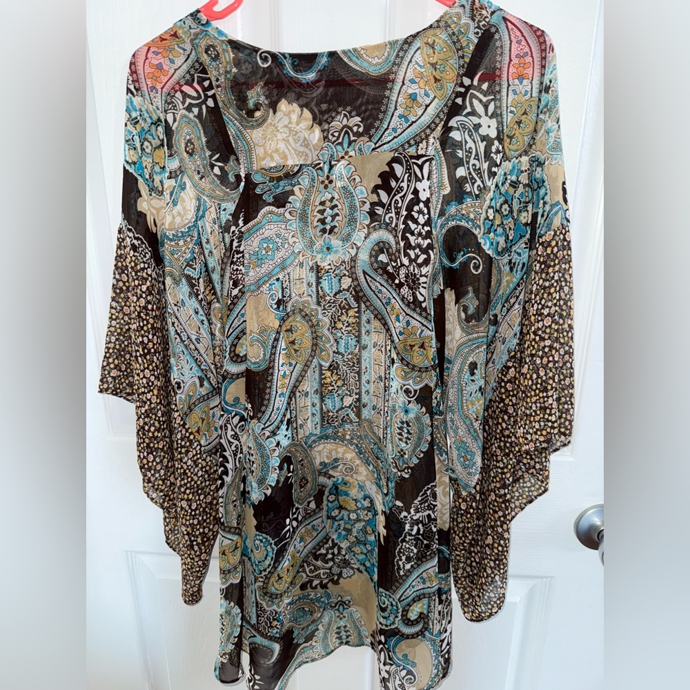 Graphic Blue and Brown Bell Sleeve Tunic - Picture 2 of 4